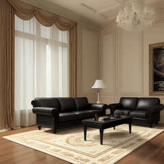 Modern classic interior with black furniture. 3d render interior mock up. AI
