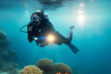 A diver in the open sea created with Generative AI technology