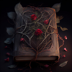 Generative AI:   old book with secrets wrapped in branches with thorns and roses