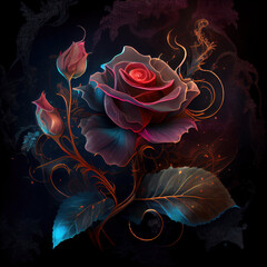Generative AI: painted red rose on black background with sprigs
