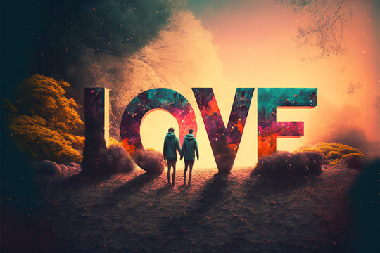 Two people in front of huge stylized word LOVE  in forest, evening with bright fiery yellow-orange coloured  background, copy space, illustration created with Generative AI technology
