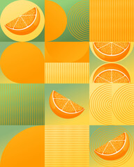 Mozaika z kawałkami pomarańczy. Zielone, pomarańczowe i żółte tło do wykorzystania w projektach. Geometryczne kształty i kawałki cytrusów.