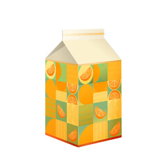 Karton na sok. Kartonowe opakowanie w jasnym kolorze z nadrukiem pomarańczy i kolorowej mozaiki. Wzór pudełka do wykorzystania w wizualizacji projektu.