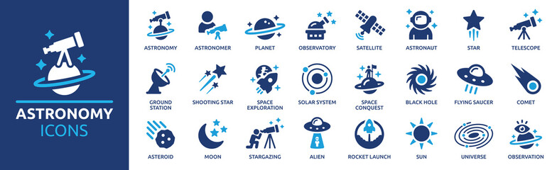 Astronomy icon set. Containing satellite, universe, astronaut, rocket, comet, telescope and planet icons. Solid icon collection. - obrazy, fototapety, plakaty