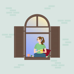 Happy girl with a book and a cup sits on the windowsill. Time for relaxation and rest. Flat vector illustration. For flyers and social media, website pages, brochures and books.