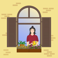 The girl in the window with a watering can waters the plants. Home flowers in boxes. Spring illustration. Vector. For brochures, books, promotional flyers and social media pages.