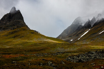 Nallo mountain massif on a moody rainy day in September, Lapland, Sweden