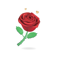 Large luxurious red rose. Glossy burgundy rose, green leaves, large thorns. Two small golden hearts. 3d vector graphics