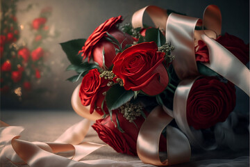 Bouquet di rose rosse per San Valentino con fiocchi bianchi su sfondo bianco generato dall'AI - obrazy, fototapety, plakaty