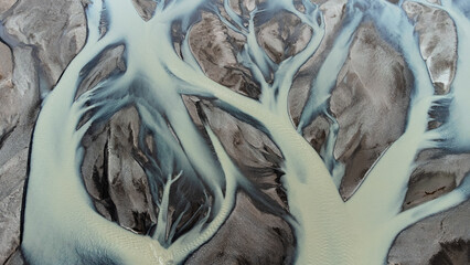 Glacial Rivers from Above. Aerial Photograph of the River Streams from Icelandic Glaciers. Beautiful Art of the Mother Nature Created in Iceland. Wallpaper Background 