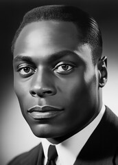 Obraz premium Vintage black and white portrait of a African American man looking at the camera. Image generated with generative AI