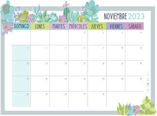 Calendario Planificador 2023 en Español - Tamaño A4 - Mes de Noviembre - obrazy, fototapety, plakaty