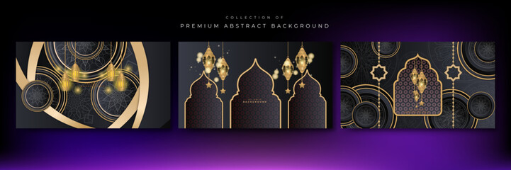 Set of abstract 3d ramadan kareem background with islamic black and gold color gradient. Ramadan kareem and mubarak illustration elegant black space with golden traditional lantern