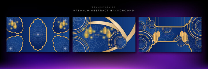 Set of 3d realistic ramadan kareem background banner. Gold blue moon and abstract luxury islamic elements background