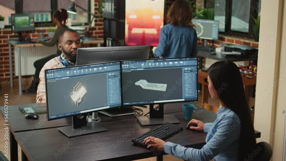 Poster engineering worker developing industrial component prototype on professional cad software, improving