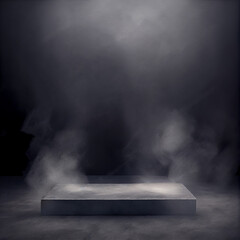 Gray textured concrete platform, podium or table with smoke in the dark