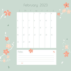 2023 February calendar for Digital Bullet journal vector illustration. Hand written calendar with flourish decoration. 