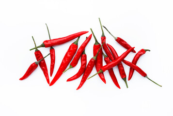 Red hot chili peppers on white background, minimalistic style, top view