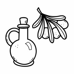 Olive oil in bottle. Olives on a twig. Vector doodle illustration. Sketch.