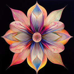 Psychedelic flower. Isolated on black background. Generative Ai.