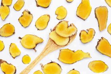 Phlai slices, Cassumumr ginger or zingiber montanum on white background.