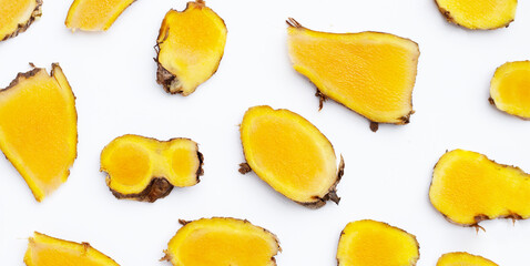 Phlai slices, Cassumumr ginger or zingiber montanum on white background.