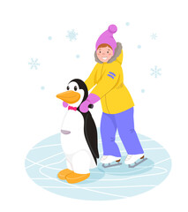 Small child learns to skate on ice with help of aid penguin. Little girl in bright winter overalls holds on to plastic penguin with her hands. Vector illustration in cartoon style.