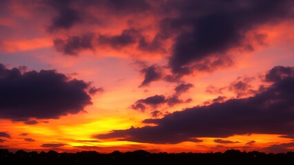 Fototapeta na wymiar Panorama of orange sunset sky with bright sun.
