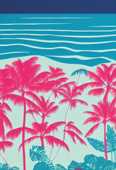 Fototapeta na wymiar Retro Risoprint poster of pink palm trees against a vibrant blue sky, in 1950s colors and beautiful textures. Generative Ai. 