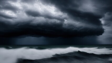 Naklejka na ściany i meble Dark and dramatic stormy clouds over the sea.