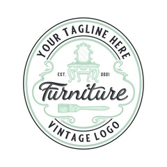 furniture emblem logo. dressing table and paint brush symbol, vintage ornament style furniture design - obrazy, fototapety, plakaty