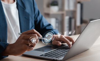 Businessman pressing update process button on virtual interface. Software updates or operating...