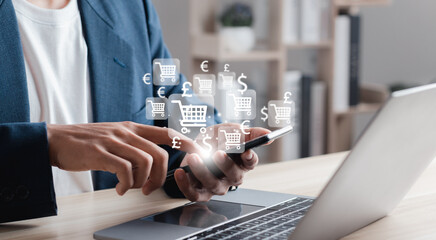 Online shopping concept. Man shopping for products from different countries through online shop on...