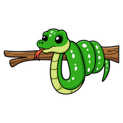 Fototapeta premium Cute green tree python cartoon on tree branch