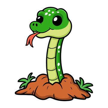 Cute green tree python cartoon out from hole