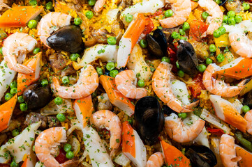 Paella traditional spanish seafood, closeup view