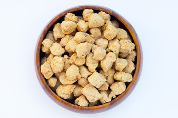 Textured soy protein on white background.