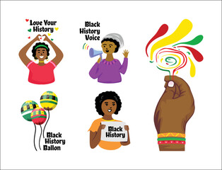 set of chat vector character stickers with black history month theme