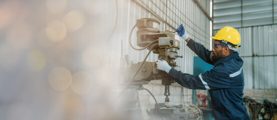 Team of technician worker checking and repair pressing metal machine at factory, Machine...