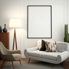 Mock up photo frame with a white wall and white lamp and white sofa