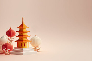 Chinese Lunar Pagoda In 3D Rendering for Chinese New Year Decorative Design. Generative AI