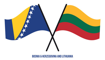 Bosnia & Herzegovina and Lithuania Flags Crossed And Waving Flat Style. Official Proportion Colors.