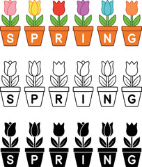 Spring Text with Tulip Flower Pots Clipart - Outline, Silhouette and Color