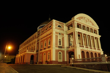 Facade of the Amazonas Theater in Manaus by night. Famous landmark of the capital of Amazon state. It was built from 1886 to 1896 during the rubber era, when the city was very rich.