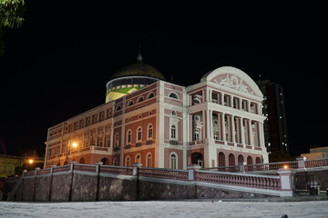 Facade of the Amazonas Theater in Manaus by night. Famous landmark of the capital of Amazon state. It was built from 1886 to 1896 during the rubber era, when the city was very rich.