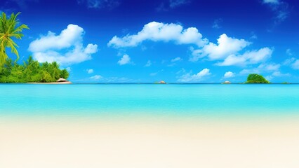Fototapeta na wymiar idyllic tropical beach with white sand, palm trees, and a turquoise blue ocean.