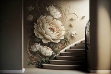 beautiful flowers on the wall of stairway