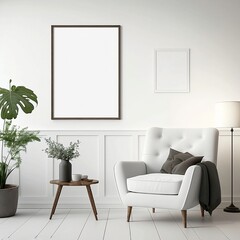 Mock up 3d render of a living room with sun shining through windows with chair