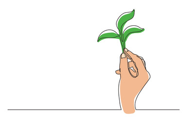 continuous line drawing hand holding growing plant in color - PNG image with transparent background