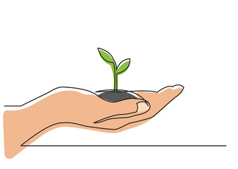 Fototapeta na wymiar continuous line drawing hand showing growing plant in color - PNG image with transparent background